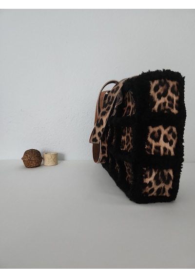 Fikriharika Design Leopar Desenli, Kürk İp, Büyük Boy, Kadın Omuz Çantası Siyah - Leopar