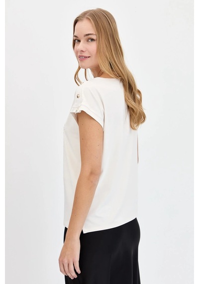 Desen Triko Kadın Sıfır Yaka Önü Taşlı Çapalı T-shirt Kmy24024 Ekru