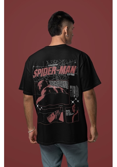 Tasarım Spider-man Sırt Baskılı Unisex Oversize Örümcek Adam Süpe Siyah