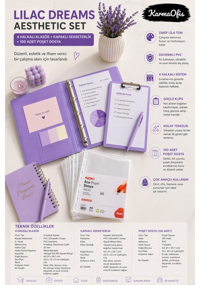Lilac Dreams Aesthetic Kırtasiye Seti A4 4 Halkalı Klasör + Kapaklı Sekreterlik + 100 Adet Poşet Dosya Pembe Pvc Organizer Set