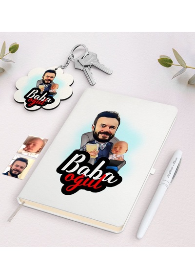 Kişiye Özel Baba Oğul Karikatürlü Beyaz Defter Kalem Ve Anahtarlı N11.16111