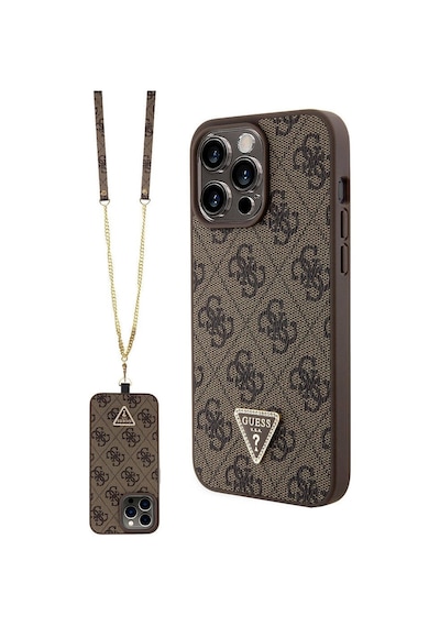 Apple Uyumlu iPhone 15 Pro Max Kılıf Guess Lisanslı Pu Deri Askılı Taşlı Üçgen Logo 4g Strass Crossbody