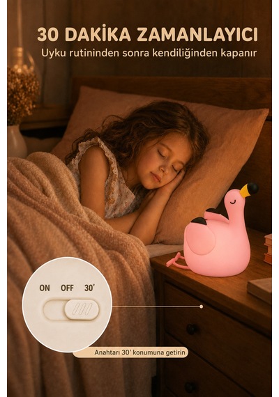 Flapo - Flamingo Figürlü Şarjlı Silikon Gece Lambası 3 Kademe Dokunmatik Usb-c Pembe Pembe