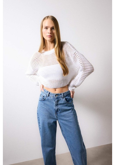 Defacto Regular Fit Bisiklet Yaka Kroşe Ajurlu Delikli Crop Triko Kazak T4513AZ24AUER103 Ekru