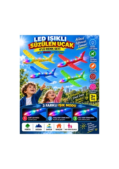 4 Lü Led Işıklı Köpük Uçak Seti Sarı, Kırmızı, Mavi & Yeşil Hafif Dayanıklı Fırlatma Uçağı Açık Hava Oyuncağı - 922589726