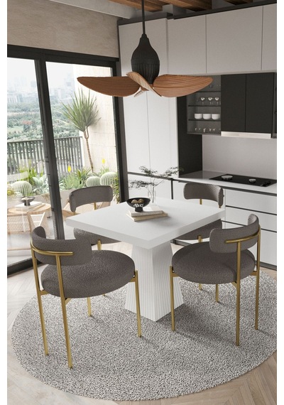 Avvio Arona Beyaz Lake Mdf Ayak 90x90 Yemek Masası Mutfak Masası 4 Kişilik Masa Takımı Teddy Sandalye Beyaz Avvio0045