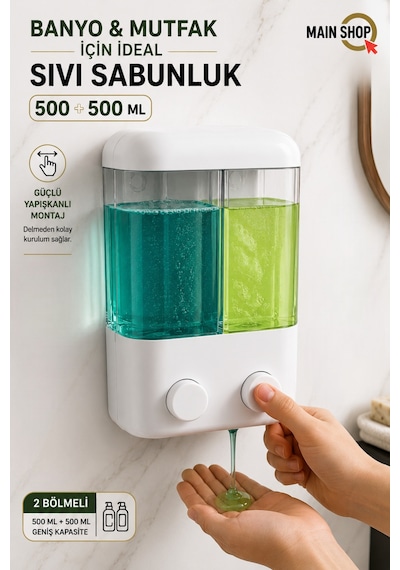 Mainshop 1 Adet Yapışkanlı Duvara Monte Mutfak Manuel Sıvı Sabunluk Çift Bölmeli 1000 Ml Doldurulabilir M-55 Beyaz