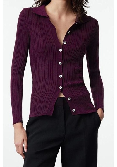 Ersefa Kadın Modern Tarz Slim Polo Yaka Regular Triko Hırka Mürdüm