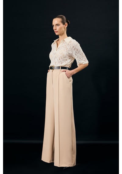 Sateen Kemer Detaylı Pantolon - Bej-137346