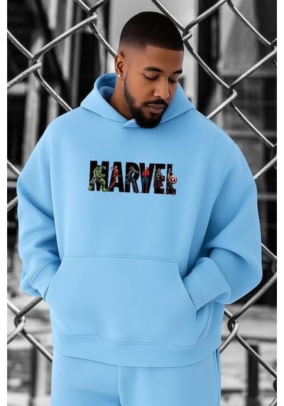 Benroma 3 İplik Penye Marvel Baskılı Büyük Beden Sweatshırt Bebe Mavisi