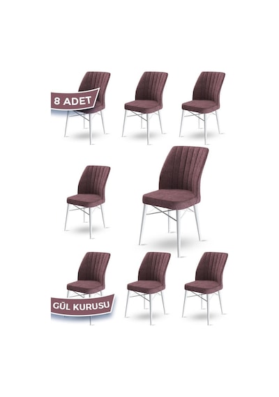Canisa Flex Serisi, Üst Kalite Mutfak Sandalyesi, 8 Adet Gülkurusu Sandalye, Gürgen Beyaz Ahşap Ayak Sandalye Gülkurusu Ayaklar Beyaz