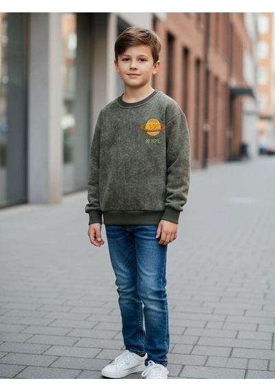 Zekids Erkek Çocuk Pamuklu Gezegen Baskılı Batik Sweatshirt-16332 YESIL
