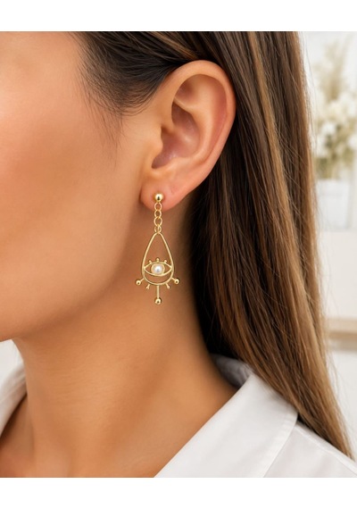 Cm Jewelry Göz Ve İnci Detaylı Gold Çelik Küpe Altın