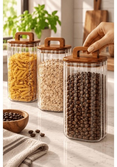 3'lü Kulplu Akasya Ahşap Kapaklı Çizgili Cam Kavanoz Seti 1500 Ml - Vakumlu Erzak Bakliyat Kabı Diğer