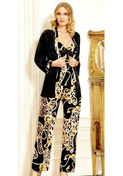 Jeremi 2916 Saten Desenli Üçlü Pijama Takımı