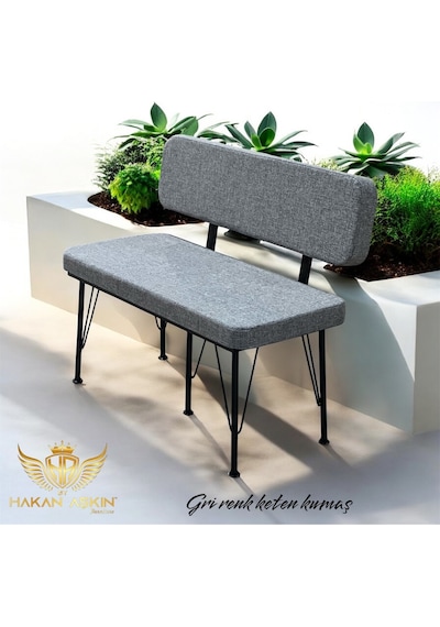 By Hakan Aşkın Siyah Metal Ayaklı Metal Alt Kasalı Keten Orta Ton Gri 2025 Sırtlı Bench Bank Gri Keten