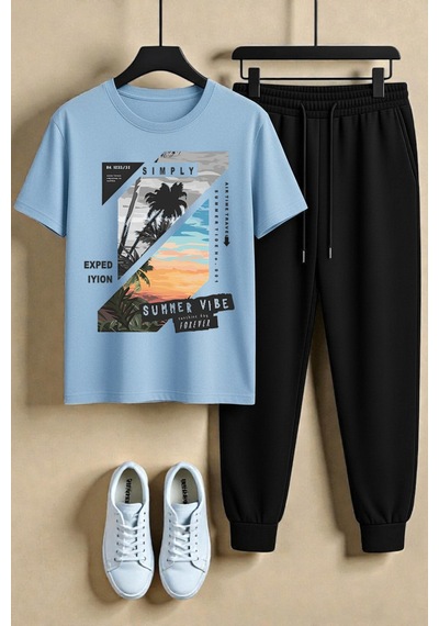 Uyguntarz Unisex Summer Vıbe Baskılı Tasarım Tshirt - 2'li Eşofman Takımı Bebe Mavisi