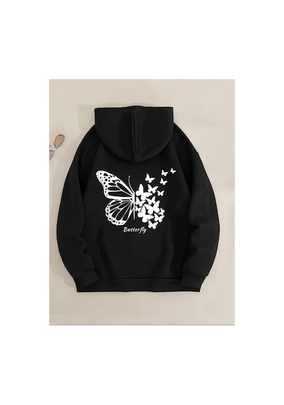 Medinenur Kelebek Desenli Kapüşonlu Cepli Sweatshirt Siyah