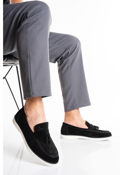 Fame Step Hakiki Deri Erkek Loafer Ayakkabı Süet Günlük Rahat Casual Mokasen Püsküllü Siena Siyah