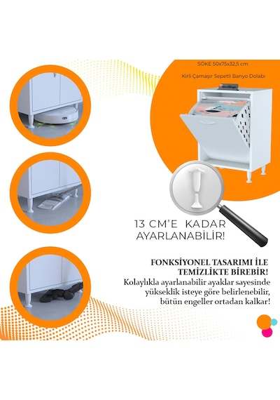 Söke 50 X 75 X 32,5 Cm Kirli Çamaşır Sepetli Dolap Çok Amaçlı Dolap Banyo Dolabı Beyaz