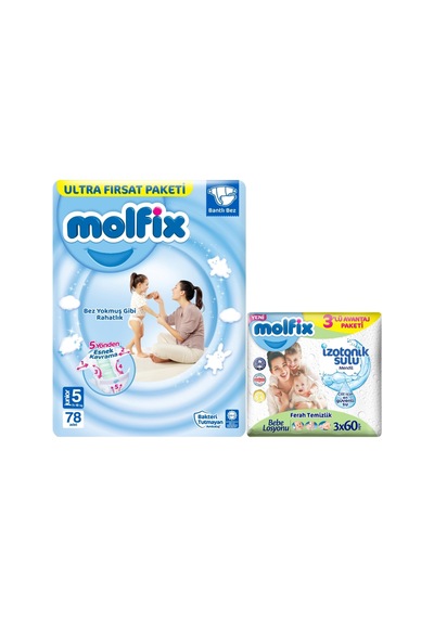 Molfix Bebek Bezi 5 Numara Junior Ultra Fırsat Paketi 78 Adet + İzotonik Sulu Mendil
