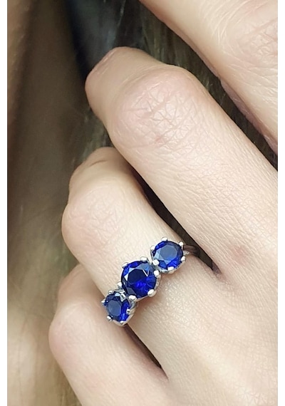 Sky Diamond Blue Creative Sapphire 925 Ayar Gümüş Lüks Tria Yüzük (521723198)