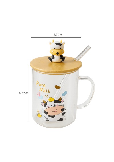 İnek Figürlü Cam Kupa Bambu Kapaklı Ve Cam Pipetli Meşrubat Bardağı - Pure Milk Şeffaf