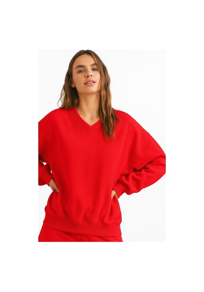 Benroma Ünisex V Yaka Sweatshirt Kırmızı