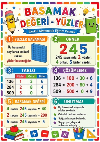Basamak Değeri Yüzler İlkokul Matematik Eğitim Afişi 50x70 Cm Tüm Yaşlar
