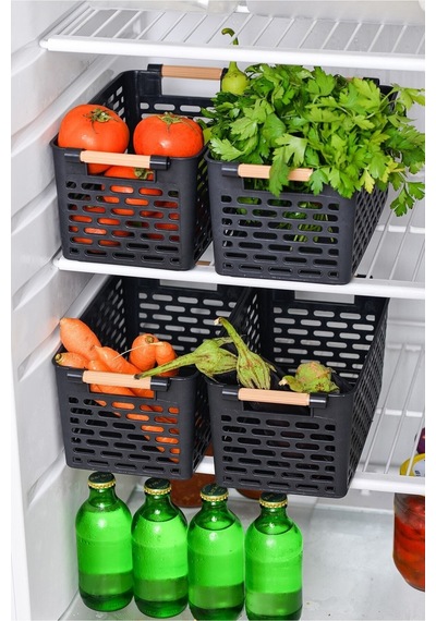 4 Adet Buzdolabı Sepeti Dolap Içi Düzenleyici Sepet Plastik Organizer Banyo Mutfak Düzenleyici Siyah Krom