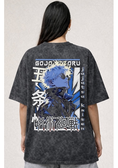 Gojo Satoru Jujutsu Kaisen Anime Baskılı Unisex Oversize Eskitme Siyah