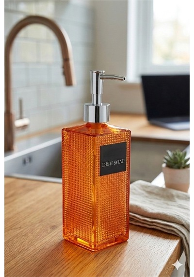 Premium Dokulu Cam Sıvı Sabunluk 500ml - 23 X 7 X 7 Cm Turuncu