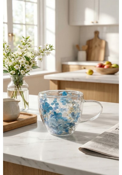Makri Home Mavi Çiçekli Çift Cidarlı Cam Kupa, 350 Ml, 11 Cm X 8 Cm Çok Renkli