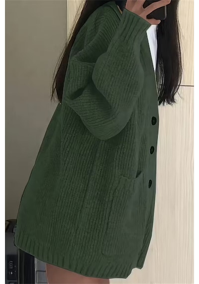 Kadın Oversize Cepli Düğmeli V Yaka Triko Hırka Haki