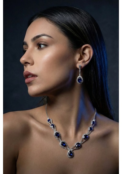 Accessories Hürrem Model Mavi Taşlı Kolye Küpe Takı Seti Gerdanlık - Gelin Düğün Nişan Abiye Set Gümüş - Mavi