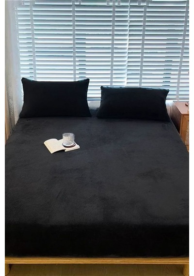 Kadife Kumaş Battal Çift Kişilik Fitted Lastikli Çarşaf Takımı 180x200+30 Cm Siyah