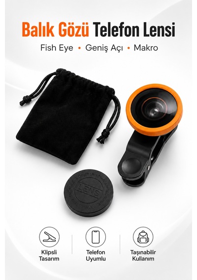 Balık Gözü Telefon Lensi Fish Eye Geniş Açılı Makro Klipsli Selfie Kamera Lensi Apple Android Uyumlu Siyah