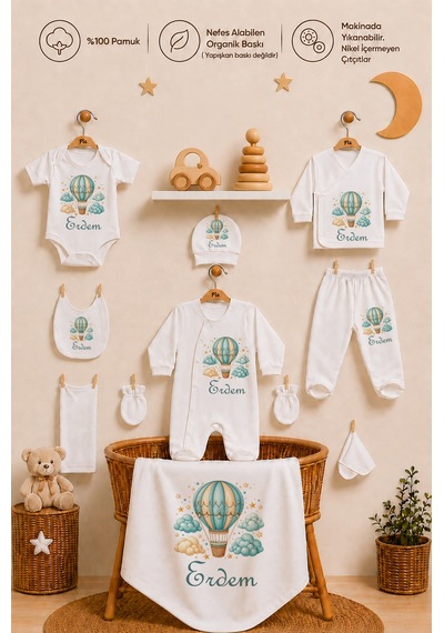 Pia Baby İsimli Erkek Bebek Hastane Çıkışı 10 Parça %100 Pamuk Organik Baskılı Kişiye Özel Set 1052100x Ekru
