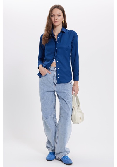 Tudors Kadın Slim Fit Dar Kesim Vucüda Oturan Uzun Kollu Gizli Düğme Detaylı Lacivert Basic Gömlek-36981 Lacıvert