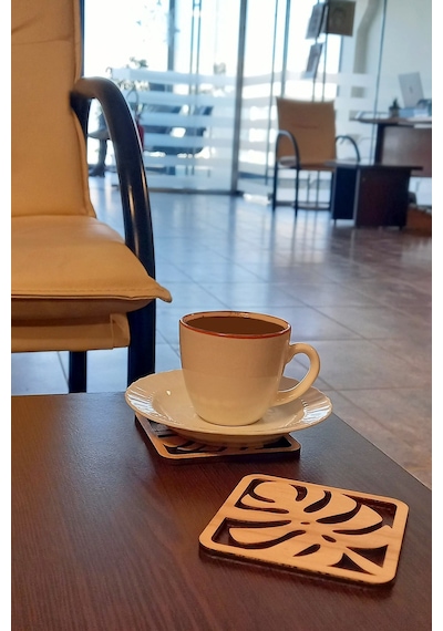 Desen Kesimli Ahşap Bardak Altlığı 6'lı Takım , Kahve Bardak Altlığı, Coffe Time -0126 Kahverengi