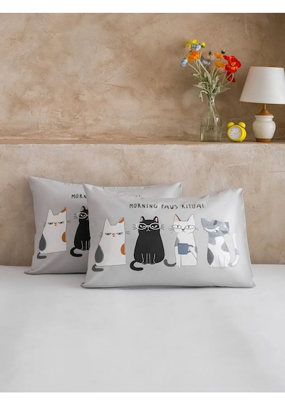 Karışık Kedi Baskılı Pamuklu Yastık Kılıfı 2'li 50x70 Cm Çok Renkli