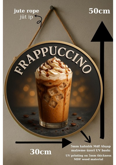 Frappuccino Temalı Yuvarlak Cafe Tabelası, Jüt İpli Ahşap Duvar & Kapı Dekoru, Barista Tarzı Süs