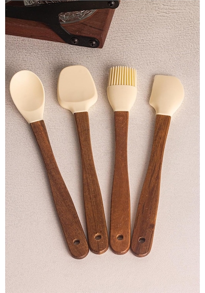 Milly Krem - 4'lü Akasya Saplı Krem Silikon Spatula Seti 21 Cm Mutfak Seti Doğal Kaşık Spatula Seti Çok Renkli Tek Diğer