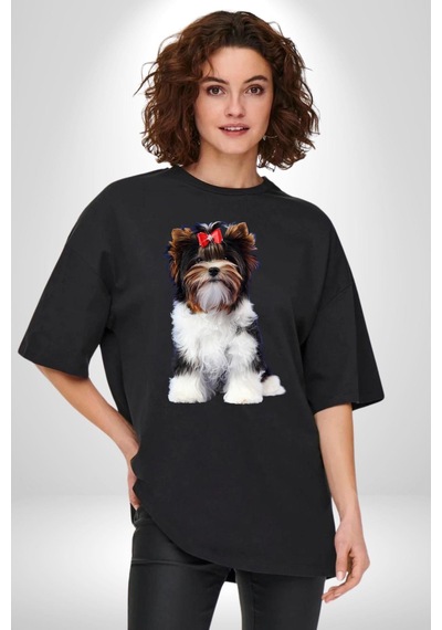 Biewer Yorshire Terrier Pamuklu Bisiklet Yaka Unisex Oversize Boyfriend Dijital Baskılı Siyah T-shirt Siyah