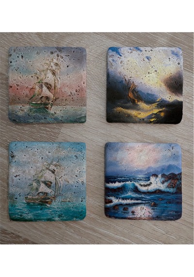 Ivan Aivazovsky Deniz Ve Yelkenliler Doğal Taş Bardak Altlığı 4'lü Set - Natural Stone Coasters - Taş Çok Renkli