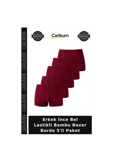 Carlburn Erkek İnce Bel Lastikli Bambu Boxer Bordo 5'li Paket Nefes Alabilen Tekstil Ürün Rahat İç Giyim