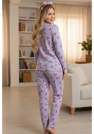 Siyah İnci Yumuşak Tuşe Kışlık Fitilli Pamuklu Örme Pijama Takım 7977 Lila Kiraz