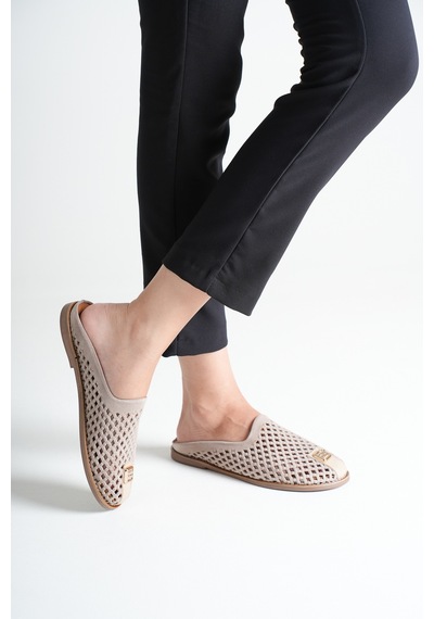 Analin Shoes Kadın Hakiki Deri Delikli Günlük Rahat Terlik Vizon