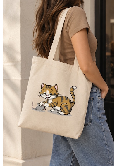 Lunora Collection Kedi Ve Fare Baskılı Körüklü Kanvas Bez Çanta Açık Ten