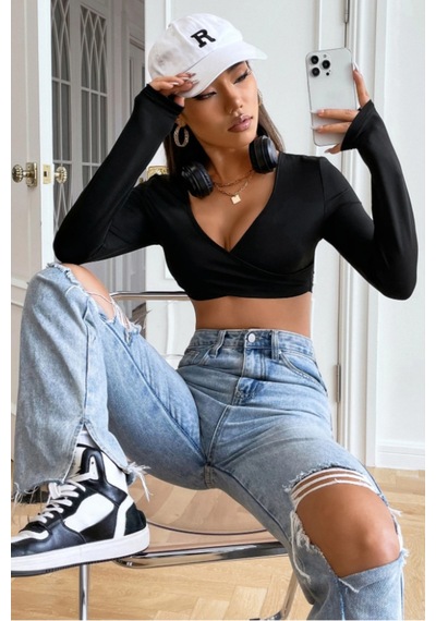 Kadın Crop Bluz Uzun Kollu V Yaka Fit Basic Şık Üst Siyah